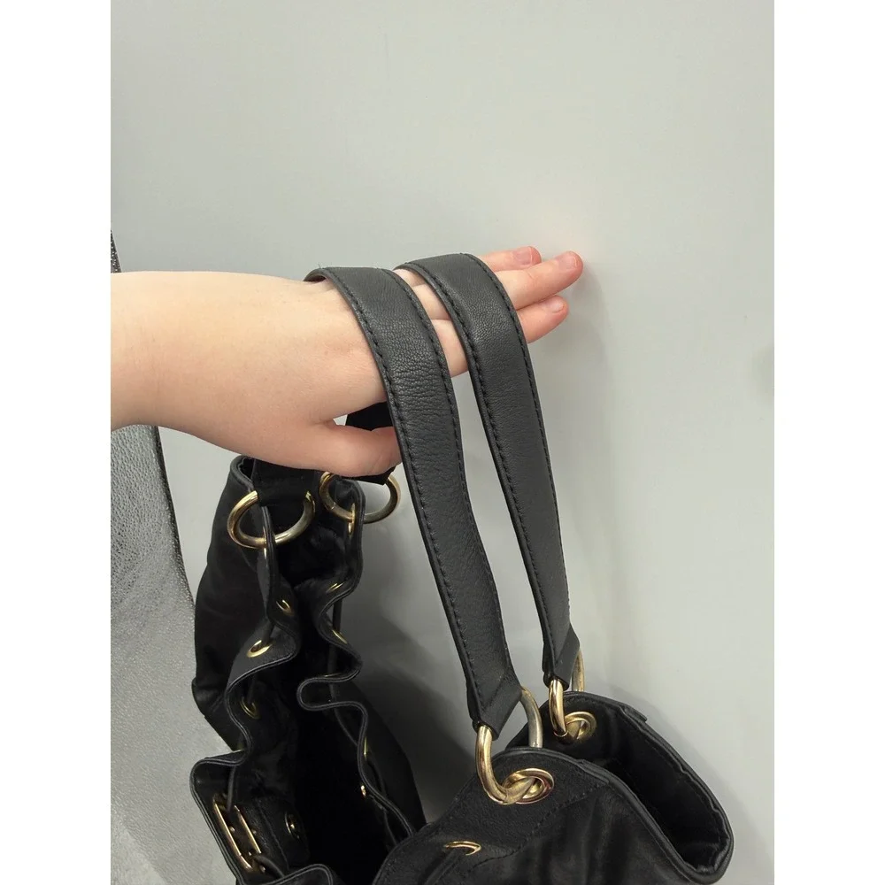 Michael Kors Black Pebbled Leather Hobo Bag Large Gold Hardware Drawstring Y2K